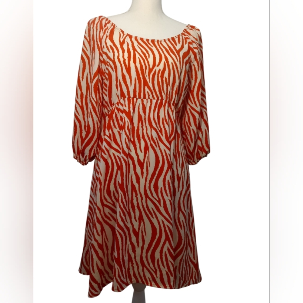 Millenium Women's Orange and White Zebra Print Dress Long Sleeve A Line Medium